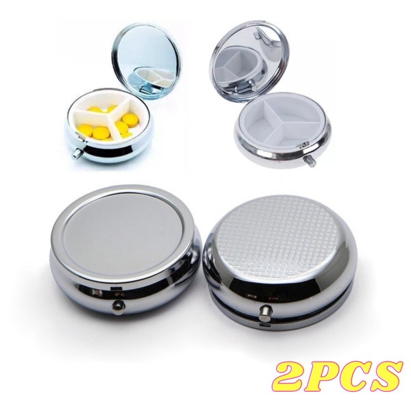 2x Pill Box Metal Pill Cases Portable Travel Medicine Drug Holder 3 Compartments