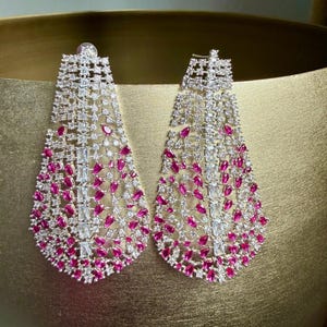 Hot Pink & Silver Cubic Zirconia Large Statement Earrings