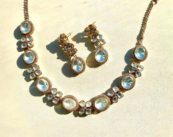 18k Gold Plated Polki Kundan Choker Necklace Set, Moissanite Cubic Zirconia