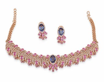 18k Gold Plated w Crystal & Cubic Zirconia Periwinkle Blue Necklace Set
