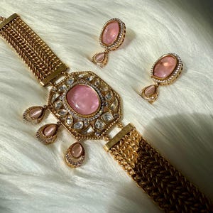 Moissanite Stone & Doublet Stone Choker Set w 10k gold plated Chain Belt, Bold Chunky Necklace w Stud Earrings, Indian Wedding jewelry gift