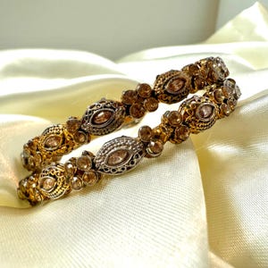 Antique Gold Indian Bangles set 2.4 size, AD CZ Set of 2 Churiyaan, Ruby Red & Champagne Stones Gold Bracelet, Indian Wedding Jewelry Gift