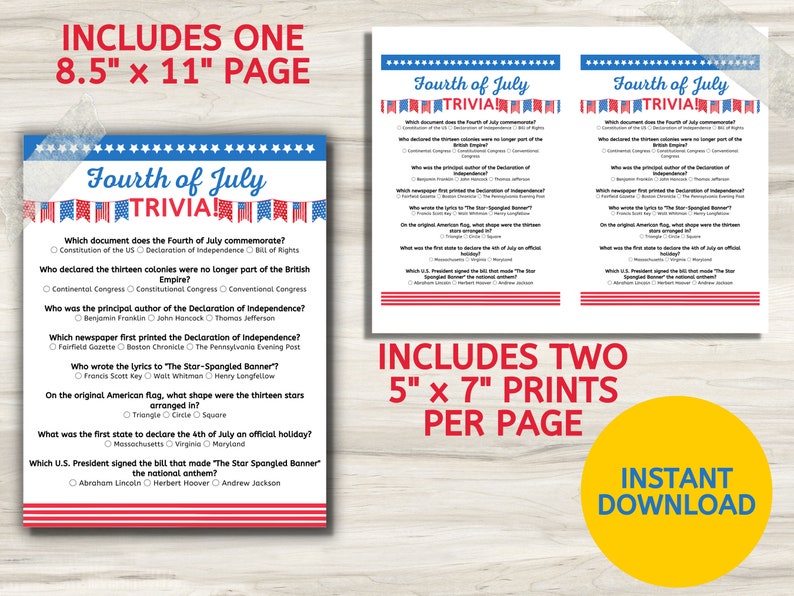 Fourth of July Trivia Game | Patriotic Party Activity (PDF) - Etsy