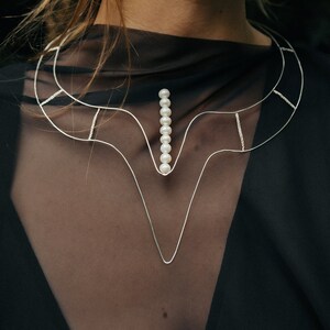 Elyzee necklace statement silver and pearl necklace, geometric wire necklace image 5