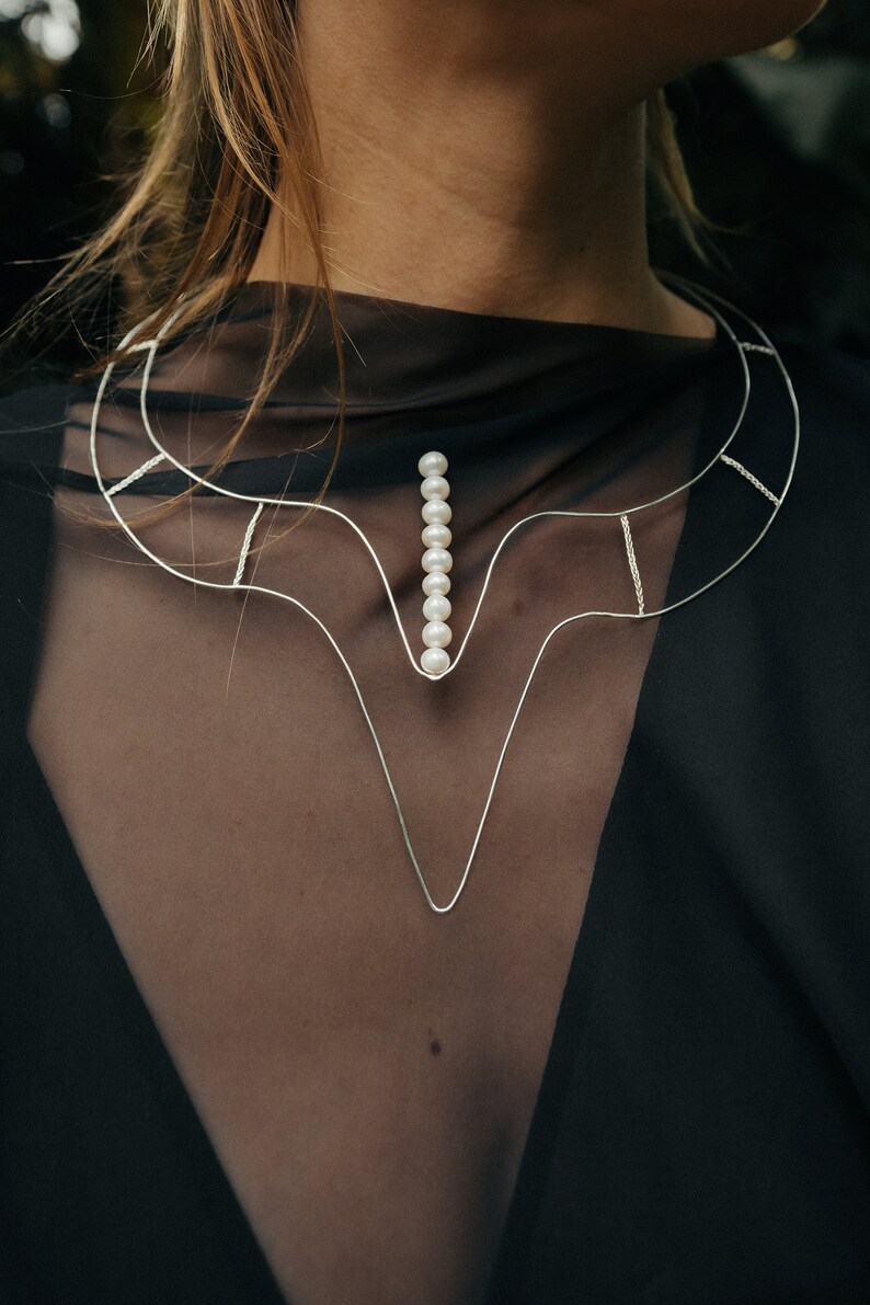 Elyzee necklace statement silver and pearl necklace, geometric wire necklace image 5