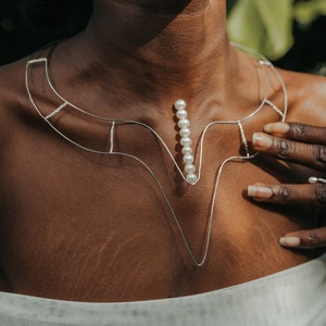 Elyzee necklace statement silver and pearl necklace, geometric wire necklace image 1