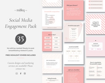 35 Ready-to-Post Instagram Engagement Pack for Lactation Consultants blush, pink, rose gold, peach