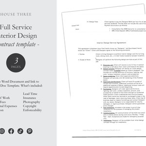 Pode incluir: Um modelo de contrato para serviços completos de design de interiores. O modelo inclui seções para as partes, o escopo do trabalho, as taxas de design, as despesas adicionais, as limitações, o prazo, o seguro, a fotografia, os direitos autorais e a aplicabilidade. O modelo está disponível como um documento do Word editável e um modelo do Google Doc.