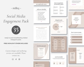 35 Ready-to-Post Instagram Engagement Pack for Lactation Consultants, Mauve, rose, blush, neautral, IBCLC, CLC, Breastfeeding