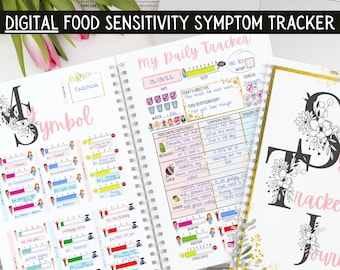 May include: A spiral-bound journal with a floral design and the text "Digital Food Sensitivity Symptom Tracker." The open pages display daily tracking charts for food, symptoms, and notes. The journal includes sections for water intake, sleep, and exercise.