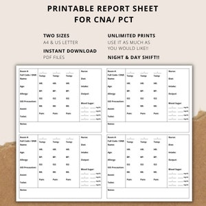 PCT/CNA Report Sheet - Printable BRAIN Sheet - Med Surg Template