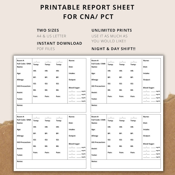 PCT/CNA Report Sheet - Printable BRAIN Sheet - Med Surg Template