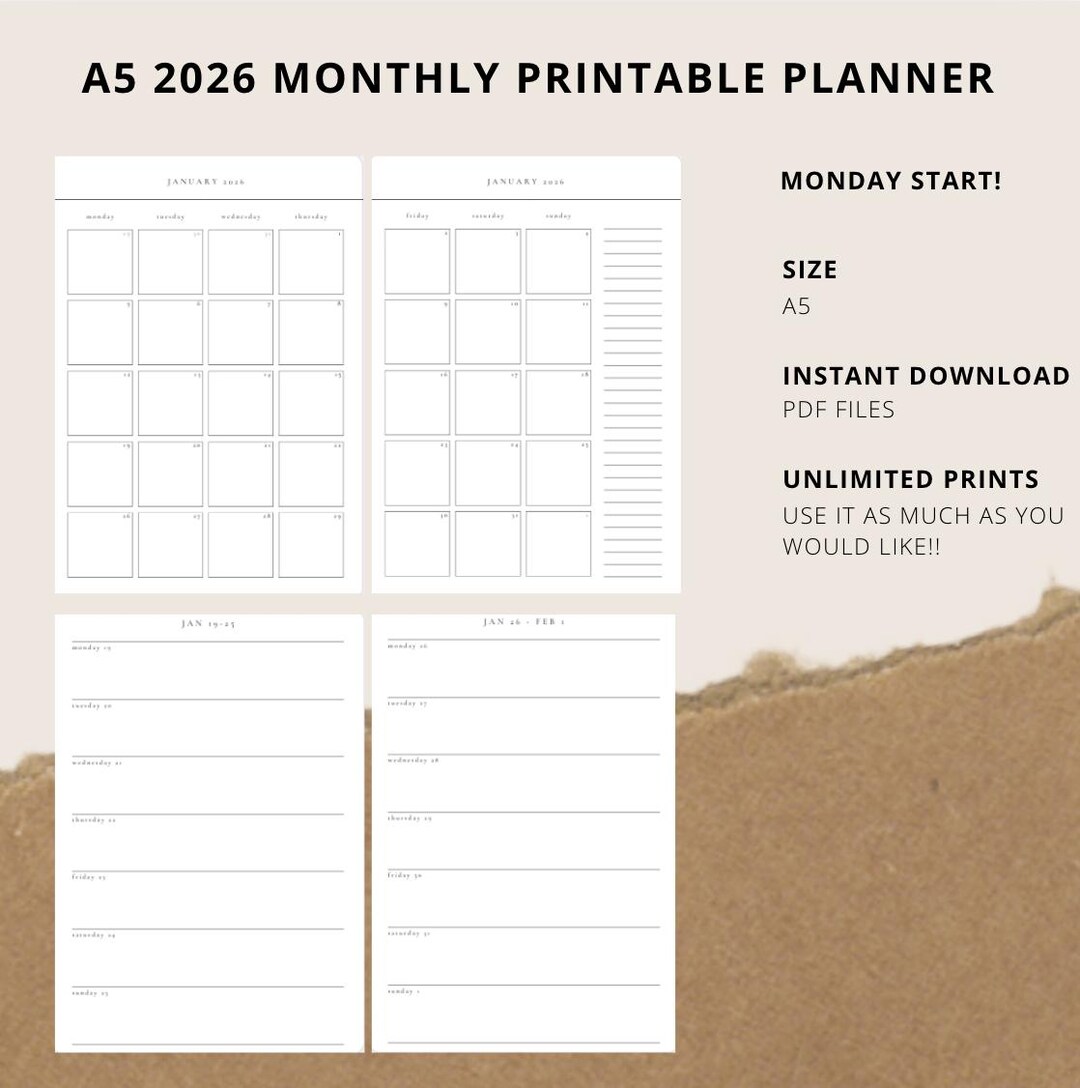 2026 - A5 Monthly Printable Planner/calendar, Inserts, A5 PDF - Etsy