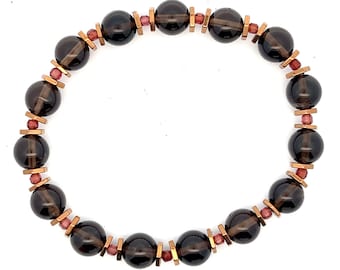 Impresionante pulsera de cuentas hecha a mano con cubo de granate malaya de chocolate y cuarzo ahumado, circunferencia de 7 pulgadas: PIEDRA de Sunsets & Lace