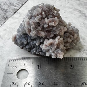 May include: A cluster of purple and gray amethyst crystals, measuring approximately 1 inch in diameter, on a ruler for scale.