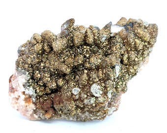 May include: A natural mineral specimen featuring a cluster of golden, metallic pyrite crystals. The crystals have a bumpy, textured surface and are clustered on a matrix of lighter-coloured rock. The overall colour palette includes gold, brown, and white.