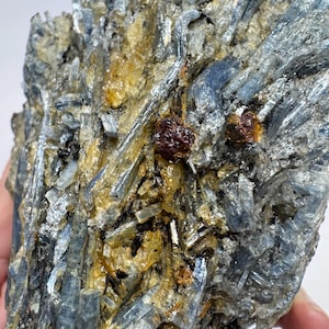 Op de afbeelding: Een close-up van een ruw kyaniet exemplaar. Het mineraal heeft een mix van blauwe, zilveren en gouden tinten, met een kristallijne structuur. Twee kleine, donkerrode granaten zijn zichtbaar, wat contrast toevoegt.
