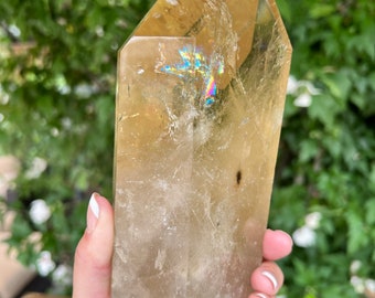 Increíble Enorme Citrino Natural de Alto Grado, Punto con Inclusiones de Clorito de Aracuai, Minas Gerais, Brasil, 1250g