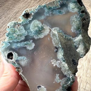 May include: A polished agate slab featuring a translucent, light gray center surrounded by a textured border of deep green and white moss-like inclusions. The stone displays several small, dark, circular cavities and crystalline formations.