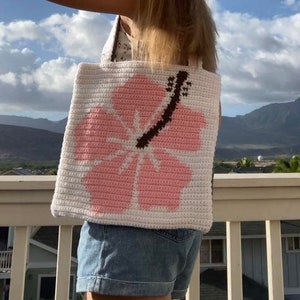 PATTERN|Crochet Hibiscus Flower Tote Bag Downloadable PDF Pattern//Hawaii-Diy floral book bag-Towel bag-Beach bag-Crochet tote-Tropical