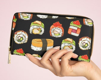 Portefeuille Sushi, Cadeau Sushi Lover, Portefeuille en faux cuir végétalien, Pochette zippée autour pour femmes, Portefeuille zippé durable à motifs, Cadeau gourmand pour filles