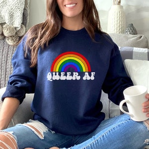 Queer AF Sweatshirt Retro Gay Pride Month Rainbow Sweater LGBT Lesbian Apparel  LGBTQ Bisexual Gay Proud Ally Sweatshirt Gift for Friend