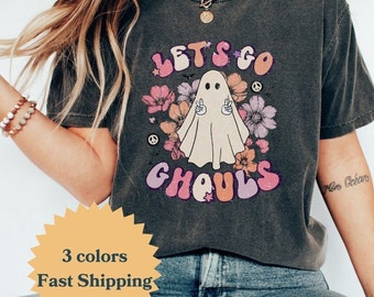 Camisa retro de Halloween con colores cómodos, camisa de Halloween Let's Go Ghouls, Halloween vintage, Halloween fantasma, Halloween divertido, Halloween floral