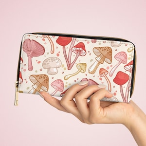 Cartera con forma de hongo, regalos de estilo cottagecore para ella, carteras con cremallera para mujer, cartera vegana, cartera de piel sintética con estampado de hongos, bonito estampado