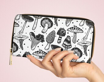 Cottagecore Mushroom Wallet, Zippered Wallet for Women, Cottagecore Aesthetic, Credit Card Wallet, Vegan Faux Leather Clutch, Dark Academia