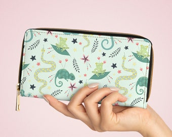 Portefeuille Cottagecore Frog, Portefeuille zippé pour reptiles pour femmes, Cadeau pour amoureux des reptiles, Pochette en faux cuir végétalien, Livre de poche à motifs zippé