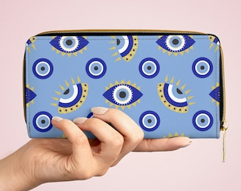 Portefeuille à fermeture éclair mauvais œil, portefeuille en espèces de carte de crédit pour femme, cadeau grec mauvais œil, portefeuille mystique à fermeture éclair, mauvais œil bleu, faux portefeuille végétalien