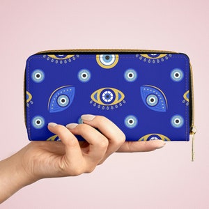 Cartera con cremallera de ojo malvado, cartera para mujer, regalo de ojo malvado griego, cartera para tarjetas de crédito con cremallera mística, ojo malvado azul, cartera vegana, turca