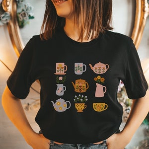 Tea Kettle Cup Shirt, Botanical Tee, Cottagecore Boho Tea Lover Gift, Aesthetic Tshirt, Tea Pots, Retro Style Tea Kettles, 70s style Shirts