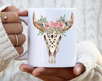 Boho Cow Skull Floral Coffee Mug Skull Mug Nashville Coffee Cup Western Boho Taurus mug Bull Skull Coffee Mug Cowgirl Southern Farm Life Cup