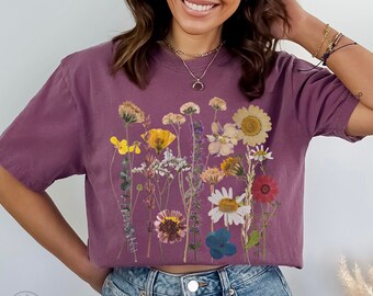 Boho Wildflowers  Shirt Comfort Colors TShirt Botanical Cottagecore Tee Goblincore Clothing Pressed Floral Shirt  Green Witch Fairycore Tee