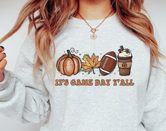 Sudadera de fútbol retro It's Game Day Y'all Camisetas de fútbol para mujer Ropa para portones traseros Sudadera de café de otoño Cuello redondo de otoño Mamá del fútbol
