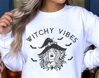 Sudadera Witchy Vibes, regalos de brujas, sudadera de cuello redondo de Halloween, sudadera de mujer bruja, camisa de bruja, suéter básico de bruja de temporada espeluznante para mujer