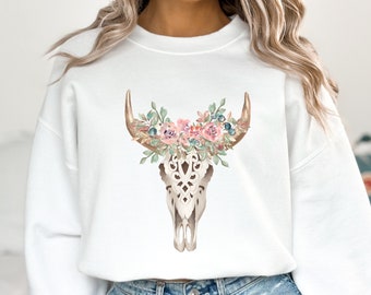 Boho Bull Skull Shirt Floral Cow Skull Sweatshirt Western Graphic Tee Western T Shirt Bull Skull Shirt Boho Floral Bull Skull Sweatshirt
