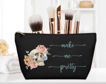 Skull Makeup Bag, Witchy Cosmetic Bag, Funny Gothic Skeleton Makeup Bag, Accessory Pouch T-Bottom, Floral Skull Makeup Case Goth Witchy Gift