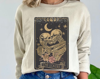 Sudadera con la carta del Tarot de los amantes Sudadera espiritual Skelton Tarot Regalos de brujería Suéter místico emo de Dark Academia Ropa de astrología de brujería