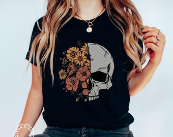 Bloom schedel shirt donkere Academia bloemen schedel tshirt Gobblincore skelet shirt schattig herfst shirts voor vrouwen emo schedel shirt indie Tees Witchy