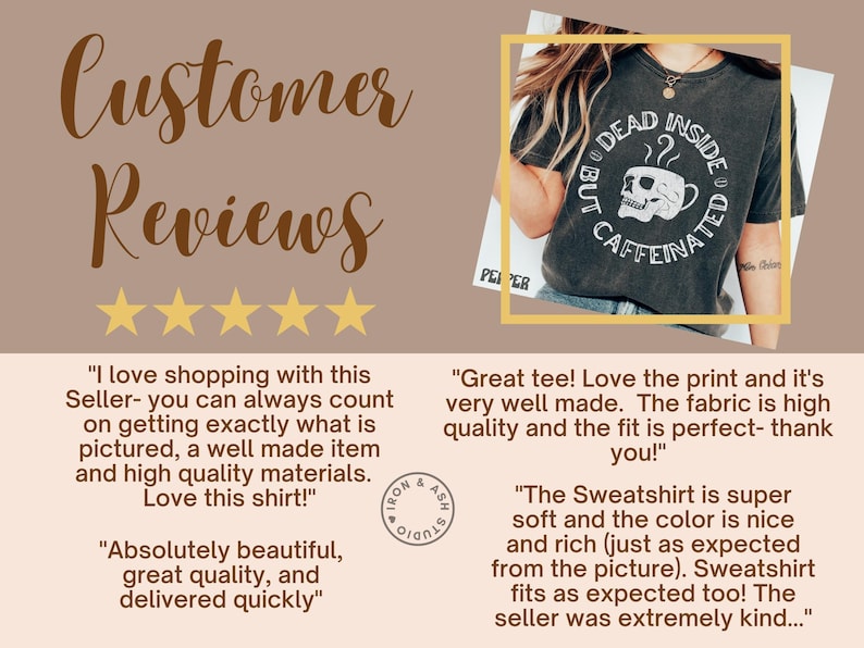 May include: Customer reviews for a black t-shirt with a white skull and coffee cup graphic and the text "Dead Inside But Caffeinated".