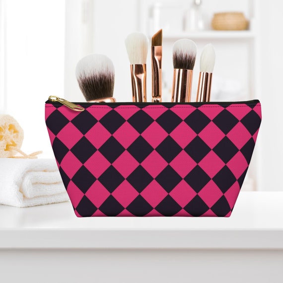 Travel Makeup Bag for Women Pink Checkered Cosmetic India