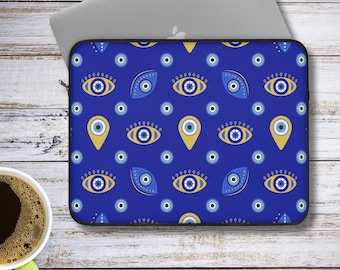 Housse pour ordinateur portable Evil Eye, cadeau grec Evil Eye, pochette mystique à fermeture éclair pour ordinateur portable, pochette bleue Evil Eye, housse Macbook 12 13 15 Dell
