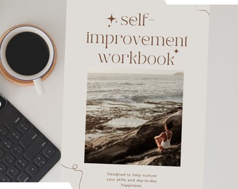 May include: A digital self-improvement workbook with a photo of a person sitting on a rocky beach. The text on the cover reads "self-improvement workbook" and "Designed to help nurture your skills and day-to-day happiness."