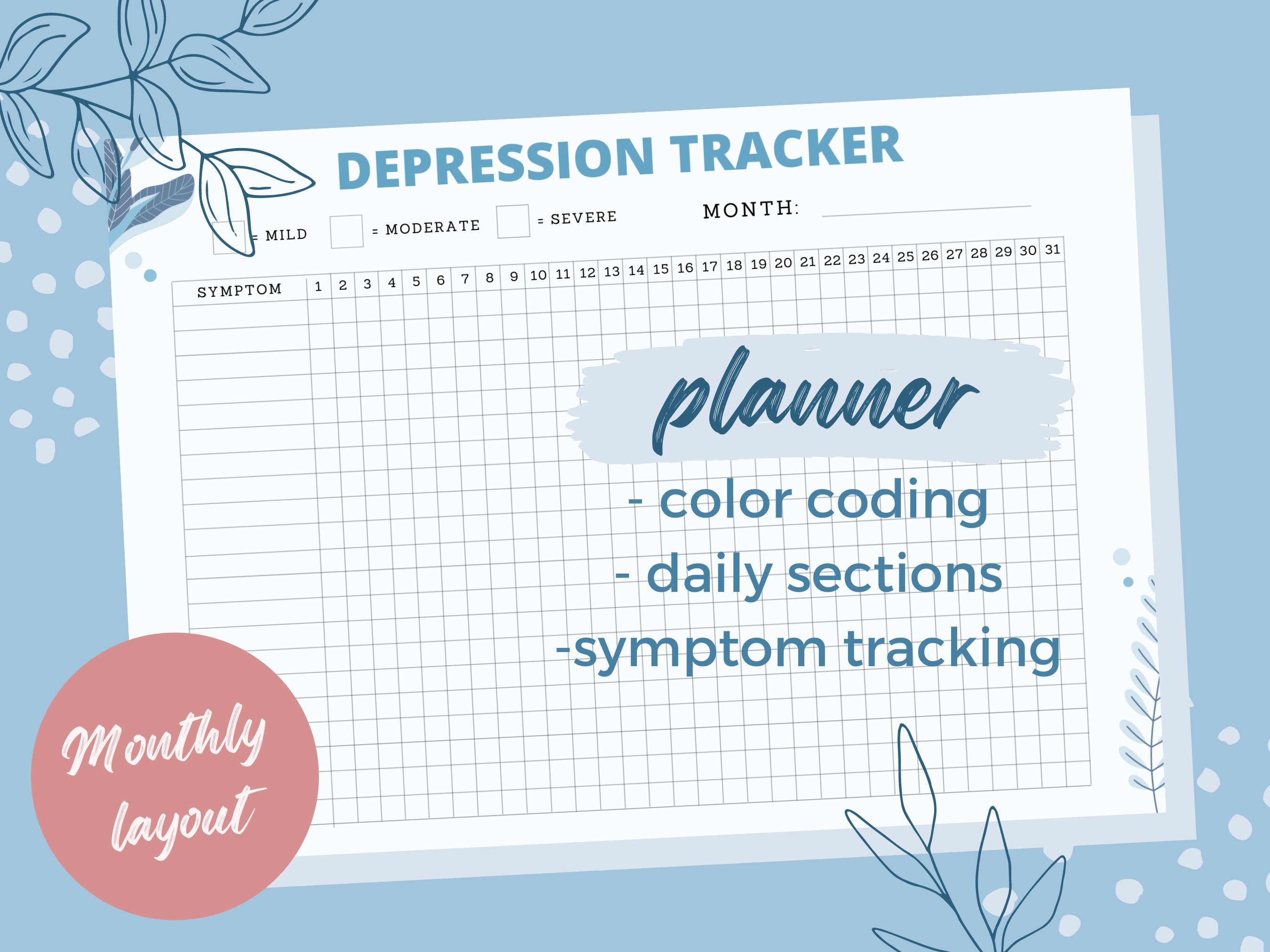 Monthly Depression Symptoms Tracker Depression Tracker Digital Monthly Depression Symptoms Tracker Depression Tracker Digital