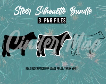 Steer Silhouette Bundle || PNG Digital Downloads || 3 Variations || Show Cattle Livestock Design Decal Stock Art