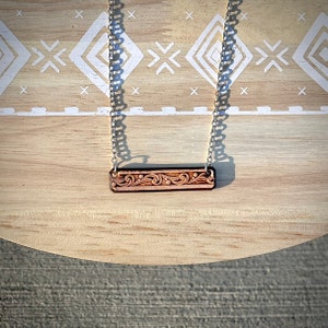 Tooled Leather Bar Necklace Silver Western Jewelry Handmade Premium Ready to Ship