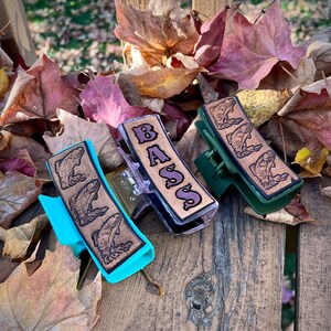 BASS Fishing 4in Claw Clip Blue || Ready to Ship || Tooled Real Leather || Trades || Hunting || Boating Walleye Salmon Trout Gift