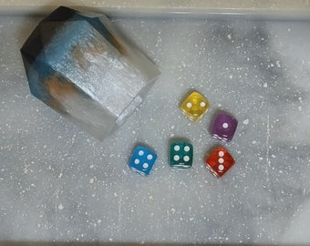 Dice game set. Odds and ends. 1 tray, 1 cup, 5 odd colored die. Yahtzee. Farkle. Bunco. 10000 Dice game. Handmade. Food grade resin. Unique.